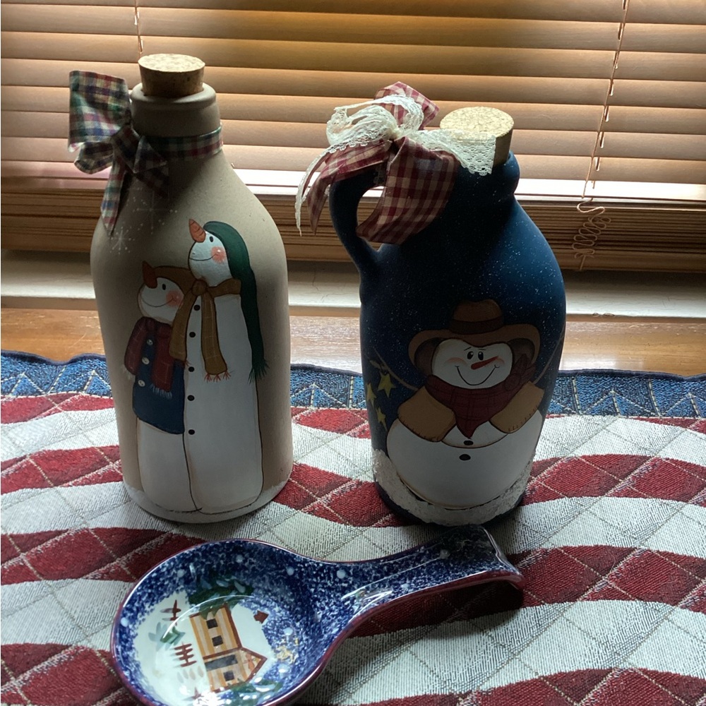 Festive Snowman Decor Bottles and Spoon Rest